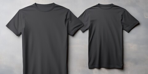 Charcoal t shirt is seen against a gray wall