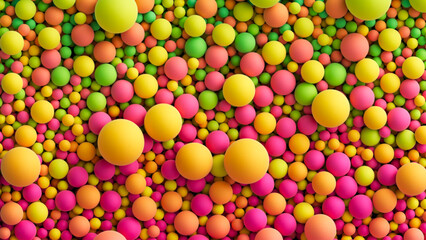 Sticker - Colorful matte soft balls background in bright summer tones and different sizes for kids zone or children's playroom. Top view of huge pile of chaotic colorful balls or bubbles. Vector background