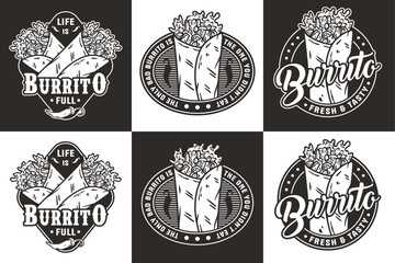 Wall Mural - Monochrome burrito set mexican food vector with meat and vegetable for logo or emblem. Traditional burritos latin fast food collection