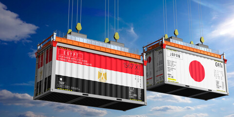 Shipping containers with flags of Egypt and Japan - 3D illustration