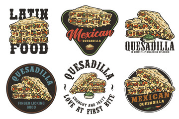 Canvas Print - Mexican quesadilla set vector with cheese and vegetable for logo or emblem. Latin traditional mexican fast food. Quesadillas Mexico food with tortilla and meat for poster or print