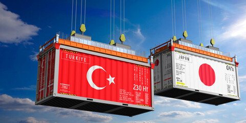 Shipping containers with flags of Turkiye and Japan - 3D illustration