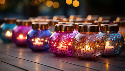 Wall Mural - Table decorated with glowing candlelight, illuminated by Christmas lights generated by AI