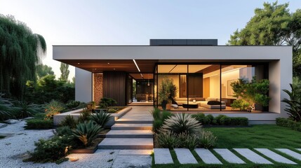 Modern two-story house with large windows, balcony, garden and lush green trees.