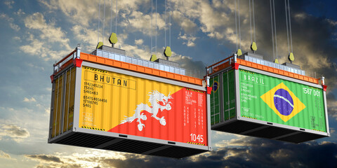 Shipping containers with flags of Bhutan and Brazil - 3D illustration