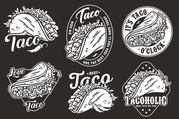 Canvas Print - Monochrome Mexican taco set vector with meat and vegetable for logo or emblem. Latin traditional taco collection for restaurant or cafe of Mexico fast food