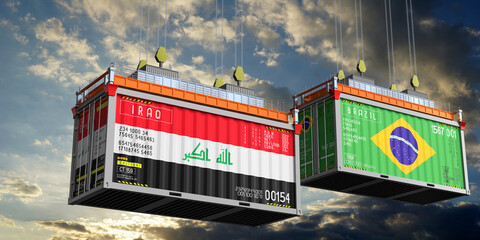 Shipping containers with flags of Iraq and Brazil - 3D illustration