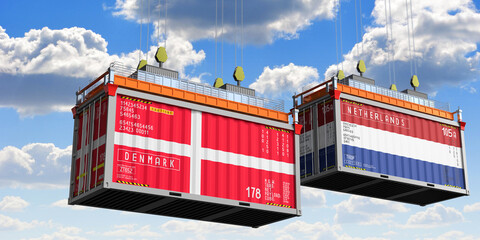 Shipping containers with flags of Denmark and Netherlands - 3D illustration