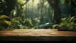 Fresh green leaves on wooden table in a tropical forest generated by AI