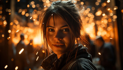 Wall Mural - Young woman smiling outdoors at night, illuminated by Christmas lights generated by AI