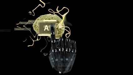 Poster - Animation of ai data processing, human brain and robot's hand