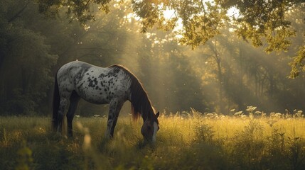 Wall Mural - A speckled Appaloosa horse grazes beneath a canopy of dappled sunlight