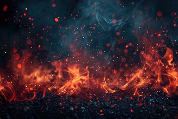 Background with fire sparks, embers and smoke. Overlay effect of burn coal, grill, hell or bonfire with flame glow, flying red sparkles and fog on black background, vector realistic poster