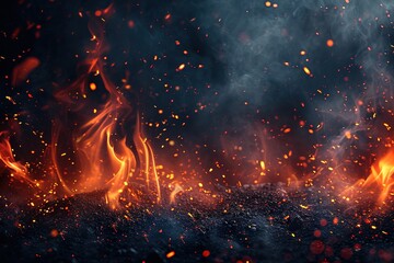 Background with fire sparks, embers and smoke. Overlay effect of burn coal, grill, hell or bonfire with flame glow, flying red sparkles and fog on black background, vector realistic border