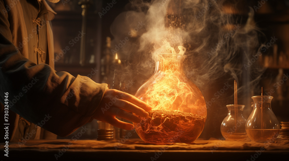 Hand of an alchemist over a glass jar containing a magical potion with ...