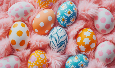 Wall Mural - colorful easter eggs with polka dots and daisy patterns nestled in fluffy pink feathers