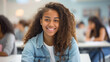 © HelenP - A smiling student with curly hair and a denim jacket is sitting in a classroom, turning around to smile at the camera while others are focused on their laptops.
