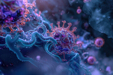 Wall Mural - Virus particles in detailed 3D illustration on microscopic level. Science and medicine.