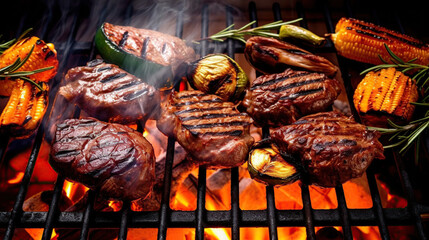 Grilled beef steaks with grilled vegetables on barbecue grill, closeup