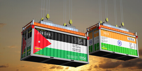 Shipping containers with flags of Jordan and India - 3D illustration