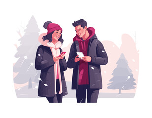 Wall Mural - couple looking at smartphone vector flat isolated illustration
