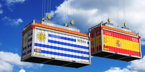 Wall Mural - Shipping containers with flags of Uruguay and Spain - 3D illustration