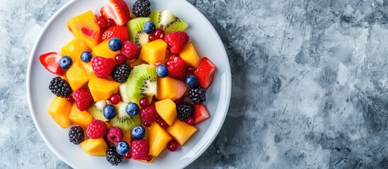 Wall Mural - Top view of a white plate with a sweet fruit and berry salad on a marble background, copy space available.