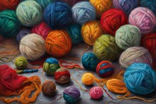 Mixed Color Wool Yarn. Colorful Knitting Yarn Balls On The Table Illustration.