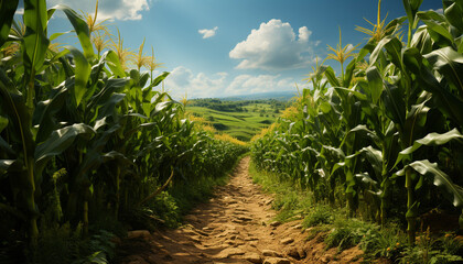 Sticker - Rural farm landscape, green meadow, corn rows, autumn harvest generated by AI