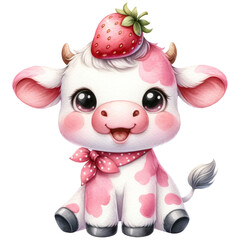 Watercolor Illustration of Cute Pastel Pink Baby Cow with a Strawberry on its Head, Fruit  Animal for Nursery, Baby Shower, Birthday, Isolated on Transparent Background. Generative AI