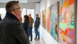 Art enthusiasts admire colorful paintings at a modern gallery exhibition. casual style, indoor lighting. creative space for art lovers. AI