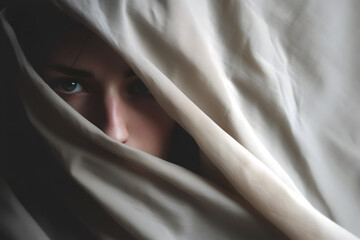 Wall Mural - Fashion surreal Concept. Androgynous man woman clad wrap with white ivory sheets. illuminated with dynamic composition and dramatic lighting. copy text space