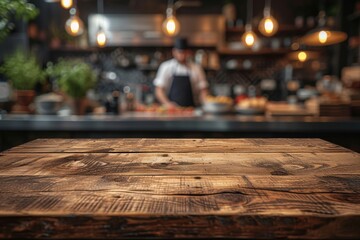 Wall Mural - Empty Wood table top with Chef cooking in restaurant kitchen blurred defocused background