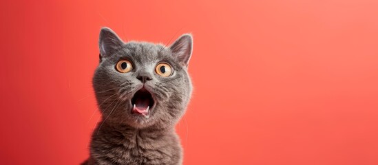 Sticker - Surprised gray cat with a silly face on a color studio background.