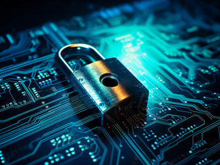 secure connection or cybersecurity service concept of compute motherboard closeup and safety lock with login and connecting verified credentials as wide banner design 