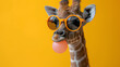 Yellow background. Giraffe with bubble gum in his mouth and orange sunglasses. Selective focus. Copy space. Animal care concept 