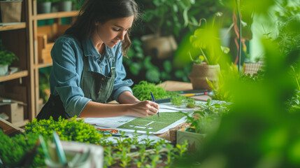 Landscape designer woman at work creatively brings ideas to life, crafting harmonious and beautiful landscapes inspired by the beauty of nature