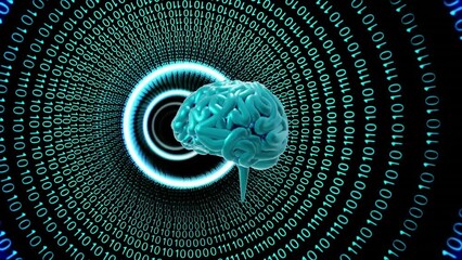 Poster - Animation of human brain and ai binary coding data processing over black background