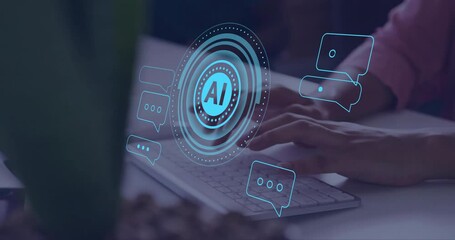 Poster - Animation of ai data processing over caucasian man typing on computer
