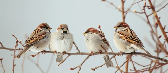 Wall Mural - Sparrows perched on tree branches against a gray sky.