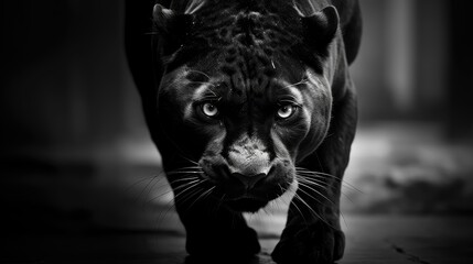 Wall Mural - Close-up of the muzzle of an enraged black panther. Toothed big cat in monochrome style. Animal in habitat. Natural background. Illustration for cover, postcard, interior design, banner, brochure, etc