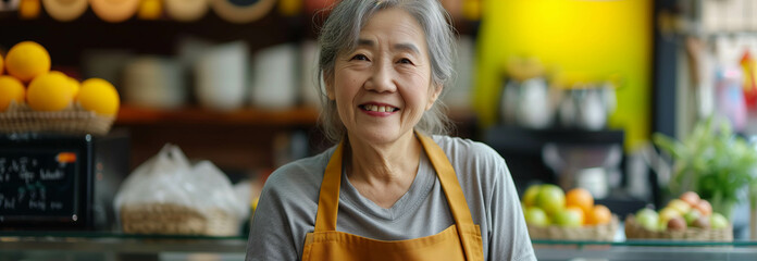 Wall Mural - Asian senior woman smiling with confidence in smoothie shop.