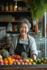 Wall Mural - Asian senior woman smiling with confidence in smoothie shop.