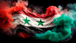 National Flag of Syria made of smoke, isolated on black background. The flag of the Syrian Arab Republic consists of three colours: red, white and black, with two green stars, of five angles each.