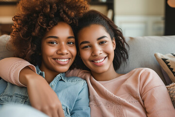 Wall Mural - Cheerful happy young African American mother with teen daughter sitting on sofa at home. Joyful woman parent with child girl hugging indoors. Mothers day, family relationship, love and care concept.