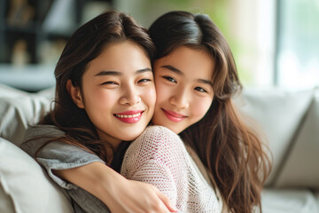 Cheerful happy young Japanese mother with teen daughter sitting on sofa at home. Joyful woman parent with child girl hugging indoors. Mothers day, family relationship, love and care concept