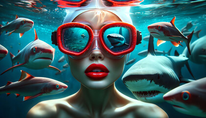 Wall Mural - Surreal underwater scene with a woman wearing red goggles surrounded by various fish, including a close-up shark.Portrait concept. AI generated.