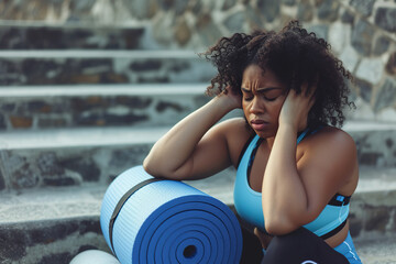 Wall Mural - Overweight African American woman tired after workout. Fat chubby girl in sportswear with fitness mat sits down on stone steps outside gym, holds her head, feels sad and exhausted. 