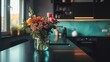 © Maria Starus - A vase of flowers sitting on a kitchen counter