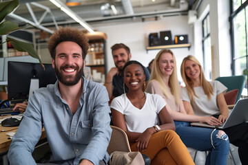 Successful business team smiling and sitting together in a startup office